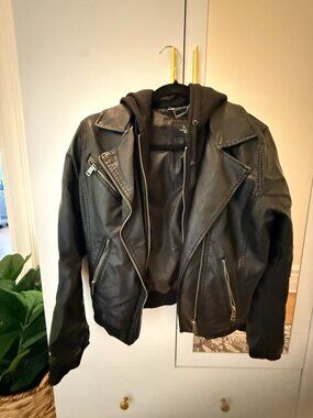 Coalition Black Faux Leather Moto Jacket with Hood
